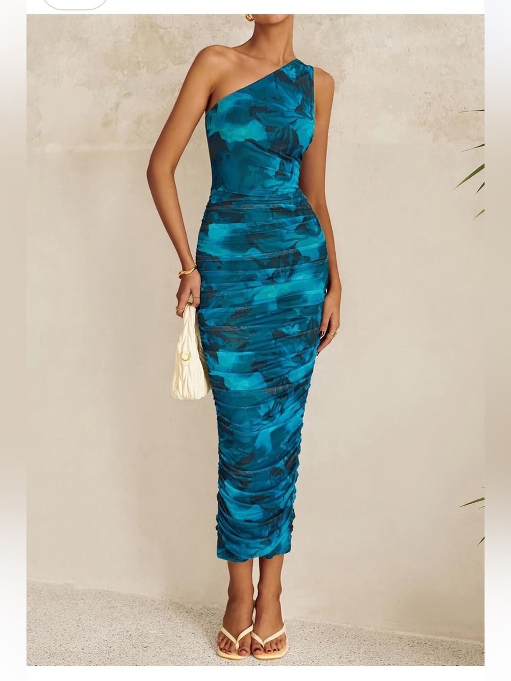 One Shoulder Ruched Mesh Bodycon Cocktail Floral Maxi Dress